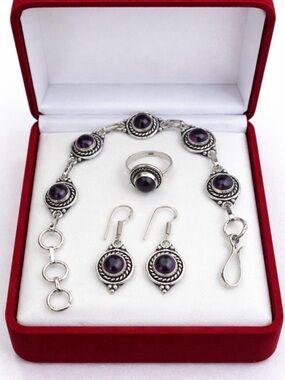 925 Sterling Silver Amethyst Jewelry Set - Bracelet, Ring & Earrings